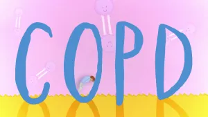 Illustratie van het woord COPD in blauwe letters met op achtergrond vermoeid vrouwtje.