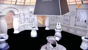 Een foto van een grote kamer met schilderijen aan de muren. In de kamer worden er verschillende voorwerpen getoond waaronder een kraan en een gitaar. Aan het plafond hangt er een groot gewicht van 1000 kilogram.