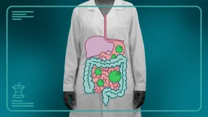 Een foto in zwart wit van het lichaam van een vrouw met daar bovenop getekende slokdarm, lever en darmen met groene gas bellen.