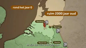 Een tekening van Nederland in de Romeinse tijd ruim 2000 jaar geleden rond het jaar 0. Op de tekening zijn vier steden weergegeven die direct aan de grens liggen.