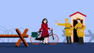 Illustratie van meisje met fiets dat wordt aangehouden door twee nazi's.