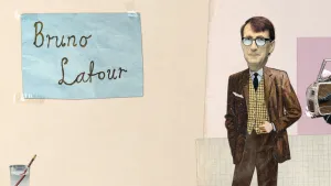 Een animatie van de filosoof Bruno Latour. Links is zijn naam op een papiertje geschreven en op een groter papier geplakt. Rechts staat Bruno Latour in beeld met zijn gezicht op een getekend kostuum. Ernaast is een deel van een autodeur zichtbaar.