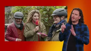 Gebarentolk gebaart naast een aflevering waar Rachel met een chocoladeletter vast twee mensen met fietshelmen interviewt.