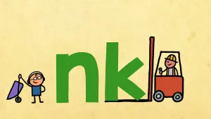 Tekening van Rob met kruiwagen naast de letter n en k met daarnaast vorkheftruck die letters inlaadt.