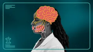 Een foto in zwart wit van een vrouw die opzij kijkt met getekende hersenen en mond bovenop haar gezicht. Er zijn zig zag lijnen zichtbaar tussen de getekende hersenen en mond.