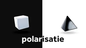 Tekening over het woord polarisatie, met links een witte kubus op een zwarte achtergrond en rechts een 3d-driehoek op een witte achtergrond.