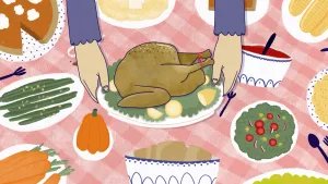 Een illustratie van tafel vol Thanksgivinggerechten zoals kalkoen.