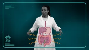 Een foto van presentatrice Eva in witte doktersjas waar haar spijsverteringkanaal op is getekend.