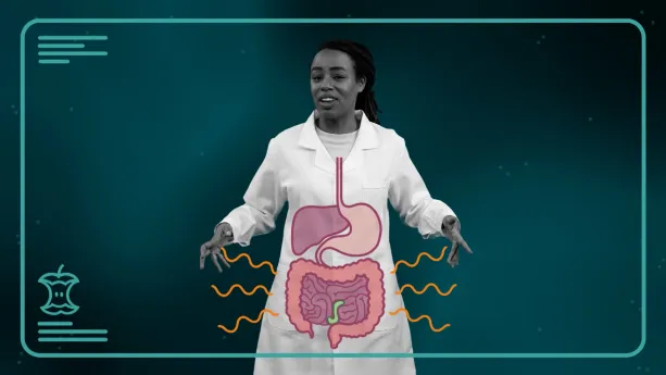 Een foto van presentatrice Eva in witte doktersjas waar haar spijsverteringkanaal op is getekend.