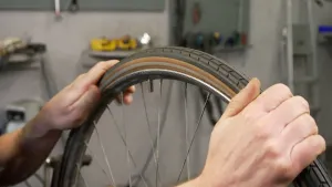 Een foto van twee handen op een fietswiel met band.