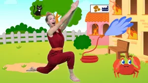 Een foto van presentator Roos in een yogapose. Achter haar is een tekening van een brandend huis dat geblust wordt en een kat in een boom.