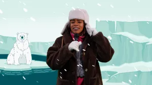 Illustratie van presentatrice Eva op noordpool met dikke muts en ijsbeer op de achtergrond.