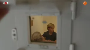 Foto van een celdeur waar je door het raampje twee kinderen ziet zitten.