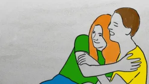 Een getekende afbeelding van twee vrouwen die elkaar lachend knuffelen. De ene heeft lang haar, de andere kort haar.