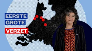 Foto van Dieuwertje Blok voor zwarte kaart van Nederland met de tekst 'Eerste grote verzet'.