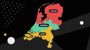 Illustratie van Nederland verdeeld in noord, midden en zuid.