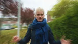 Een foto van presentatrice Janouk op straat met bomen op de achtergrond. Het beeld is wazig, alsof alles beweegt.