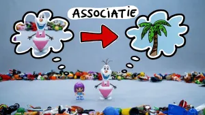 Still uit stopmotionanimatie van twee speelgoedpoppetjes op lichtblauwe achtergrond met denkwolkjes boven hun hoofd: in het ene denkwolkje staat een bikini, in het andere een palmboom. Ertussen staat een rode pijl en het woord 'associatie'.