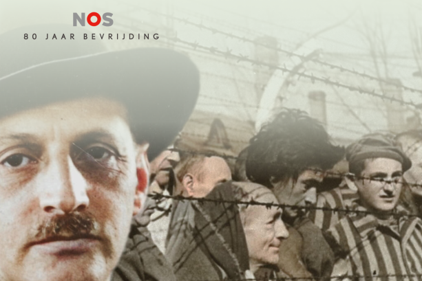 Foto van Otto Frank met op de achtergrond gevangenen achter de tralies van een concentratiekamp in WO 2.