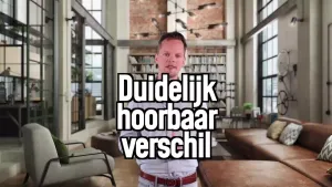 Een foto van presentator Sander Zwiep met op de achtergrond een moderne huiskamer, op de voorgrond in beeld de tekst Duidelijk hoorbaar verschil.