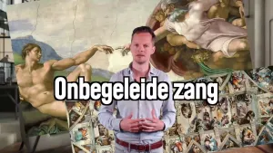 Een foto van presentator Sander Zwiep, met op de achtergrond beelden uit de Sixtijnse Kapel en in beeld de tekst Onbegeleiden zang.