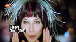 Een foto van het hoofd van zangeres Cher met in beeld de tekst Believe Cher - (1998).