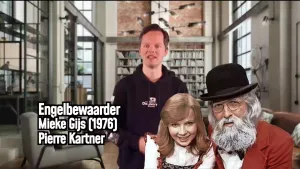 Een foto van Presentator Sander Zwiep, Pierre Cartner en Mieke Gijs met in beeld de tekst Engelbewaarder Mieke Gijs (1976) Oierre Kartner.