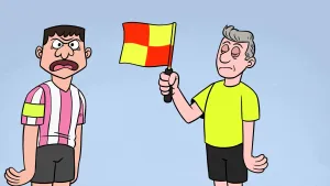 Illustratie van voetballer die boos kijkt omdat grensrechter buitenspelvlag omhooghoudt.