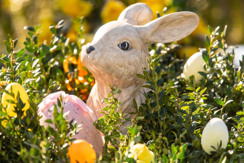 Een foto van een beeldje van de paashaas die tussen de bosjes en de paaseieren in de zon staat.