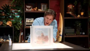 Een foto van Freek Vonk die verwonderd kijkt terwijl hij zijn hand in een doorzichtige doos vol met muggen stopt. 