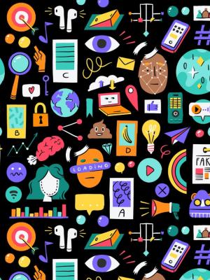 Illustratie met allerlei cliparttekeningen die te maken hebben met de digitale wereld, zoals ogen, mobieltjes, wereldbollen, laptops en hashtags.