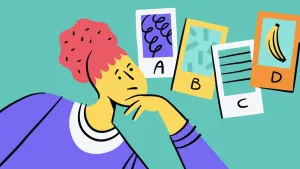 Illustratie van een vrouw die twijfelend kijkt naar vier verschillende schermen.