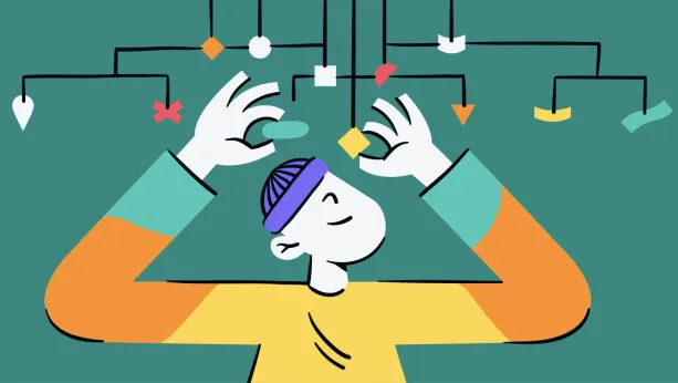 Illustratie van een vertakking, als een familiestamboom, met verschillende figuurtjes. Er is een jongen die twee figuurtjes vastpakt.