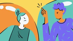 Illustratie van twee figuren die in een bubbel zitten. Een figuur prikt vanaf de binnenkant op de rand van de bubbel.