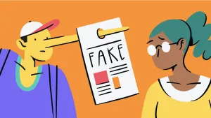 Illustratie van een man met een hele lange neus waar een krantenpagina met de tekst 'fake' aan hangt. Een vrouw leest de pagina vertwijfeld.