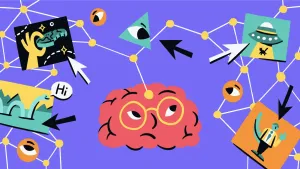 Illustratie van een brein met gezicht dat boos kijkt. Vanuit het brein is er een vertakking met pijltjes naar allerlei afbeeldingen en symbolen over complottheorieën