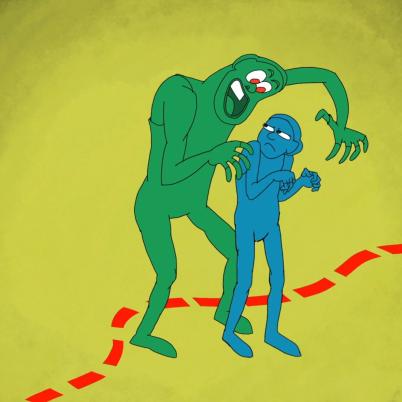 Een illustratie van 2 mensen, een grote en een kleine, de grote hangt gevaarlijk kijkend over de kleine heen, op de grond zie je een gestippelde rode grenslijn, ze staan beide aan 1 kant.