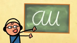 Illustratie van poppetje met koptelefoon voor een schoolbord met au