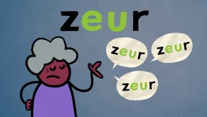 Illustratie van grijsharig vrouwtje met gedachtewolkjes met het woord zeur, waarin eu groen gearceerd is.