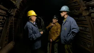 Presentator Winfried Baijens en twee mannen staan in een mijn, ze dragen helmen en overalls.