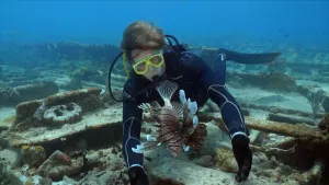 Een foto van Freek Vonk die bij kleurrijke vis zwemt met een duikpak aan bij een scheepswrak. 