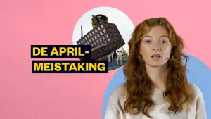 Foto van zangeres Froukje voor afbeelding van fabriek met de tekst 'de april-meistaking'.