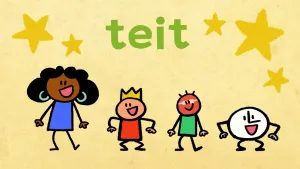 Illustratie van vier lachende poppetjes naast elkaar met daarboven 'teit' en gele sterren in de lucht.