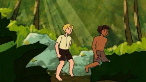 Een getekende afbeelding van een witte jongen en een bruine jongen die samen over een pad door een dichtbegroeid oerwoud lopen. De witte jongen draagt een korte broek en een blouse, de bruine jongen alleen een korte broek. Ze lopen beide op blote voeten.