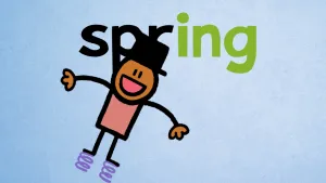 Illustratie van mannetje met springveren onder zijn voeten die in de lucht springt, op de achtergrond staat het woord 'spring'.