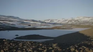 Een foto van een IJslands landschap op de voorgrond een rotsi strand, daarachter water en witbesneeuwde bergen.