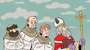 Illustratie van Bonifatius, bisschop in rood gewaad met witte mijter en gouden staf met christelijke volgelingen. 