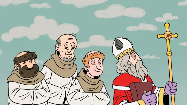 Illustratie van Bonifatius, bisschop in rood gewaad met witte mijter en gouden staf met christelijke volgelingen. 