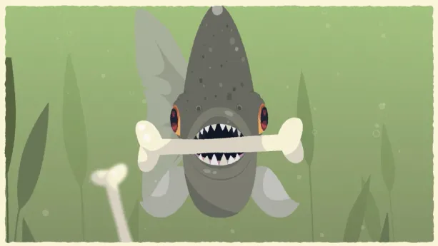 Illustratie van piranha met wit bot tussen zijn tanden.