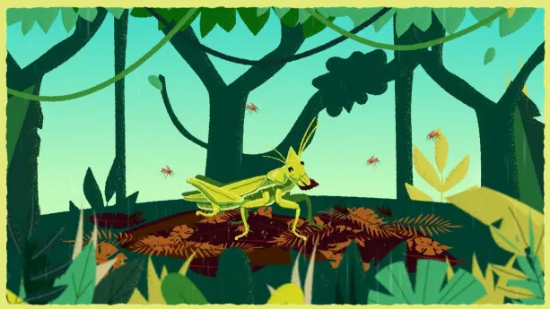 Illustratie van groene sprinkhaan in tropische omgeving.